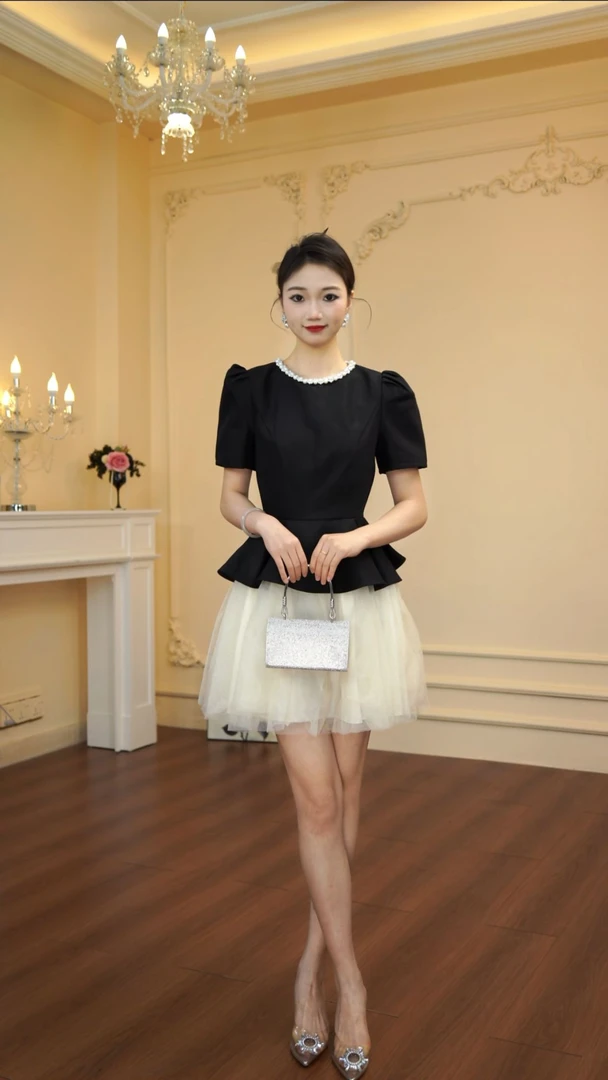 不褪色时尚连衣裙树脂固色方领黑色礼服裙子法式女装拼接9019