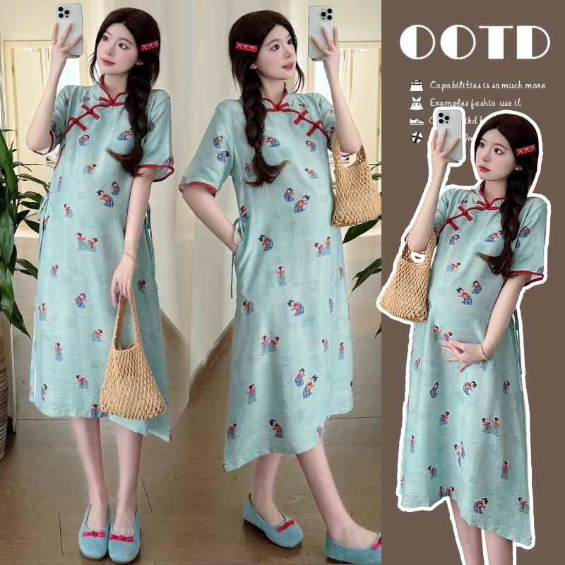 大量现货实拍2025夏新款新中式国风小唐人印花棉麻改良孕妇裙