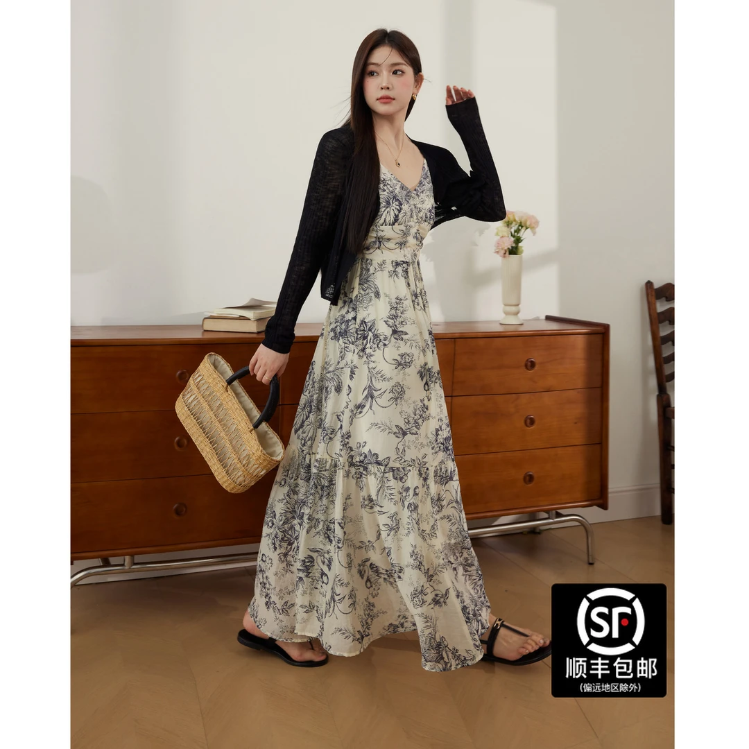 蓝语大码女装胖mm复古水墨画吊带长裙开衫外搭夏季显瘦连衣裙套装