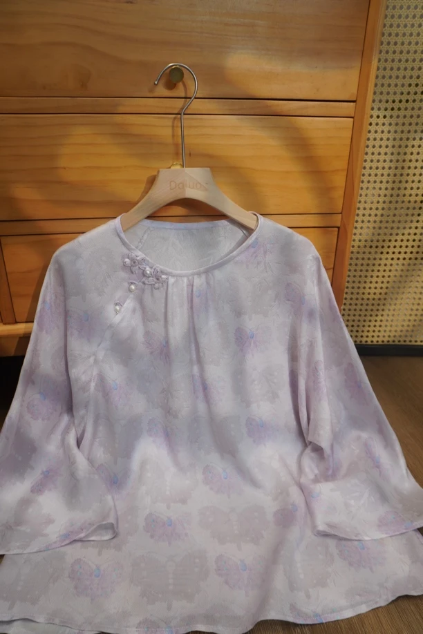 【紫萱】满分桑蚕丝圆领侧开襟气质高级兰花小萝孔新中式上衣衬衣