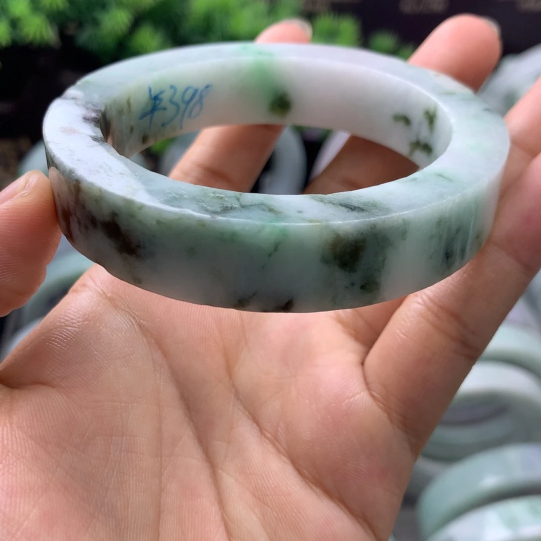 定制翡翠天然翡翠手镯未镶嵌56/59 白底飘紫菜汤