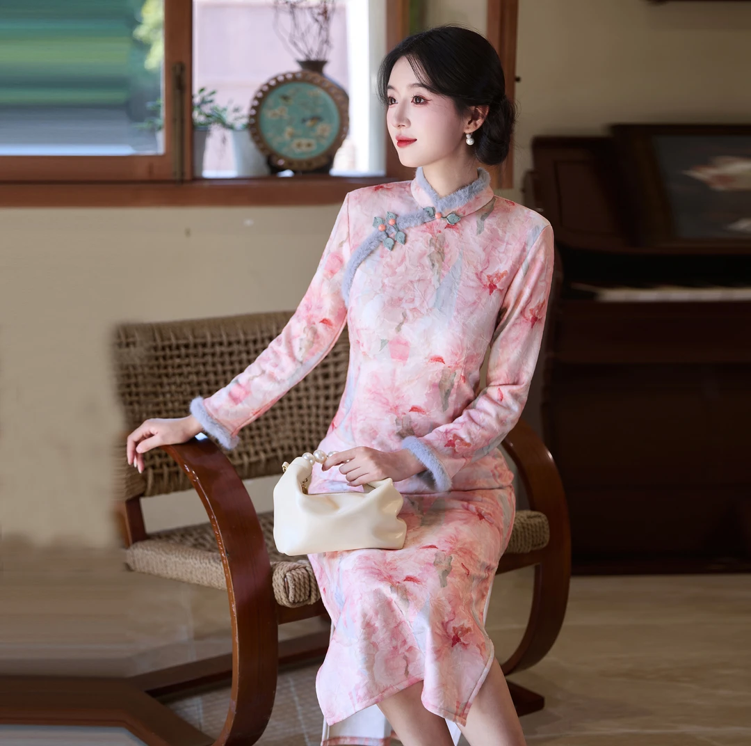 【韵雨】冬季气质少女改良款加绒保暖新中式旗袍优雅显瘦日常连衣裙