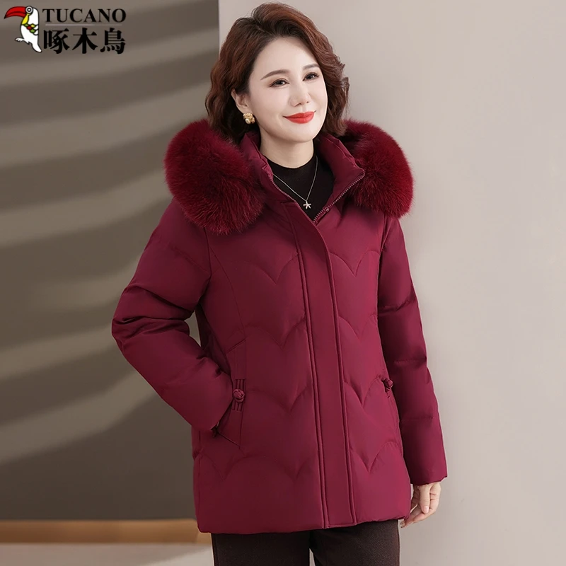 TUCANO/啄木鳥宽松中老年女装真狐狸毛领秋冬时尚中长款羽绒服