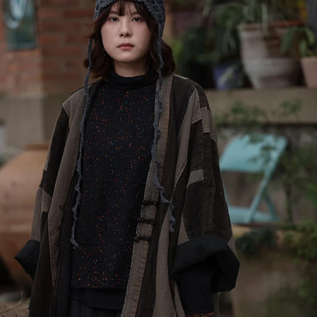 【荼】秋冬新款高定拼接盘扣棉衣长袍