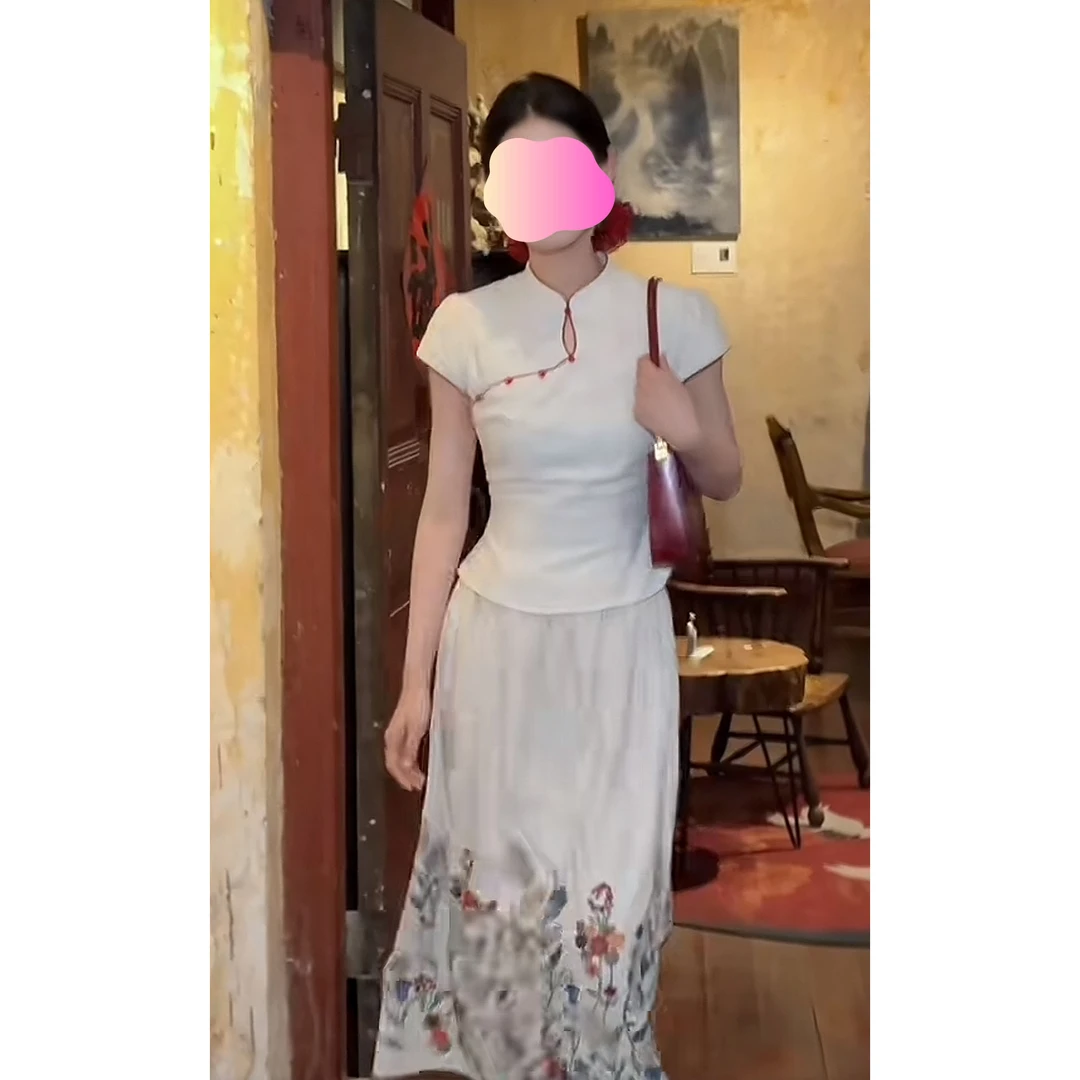 2025年新中式夏季穿搭一整套气质显瘦立领上衣+半身裙两件套装女
