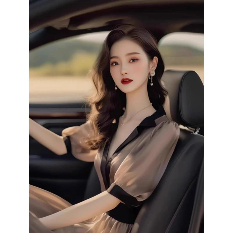 法式高级感御姐独特气质咖色连衣裙夏小众设计感端庄大气绝美长裙