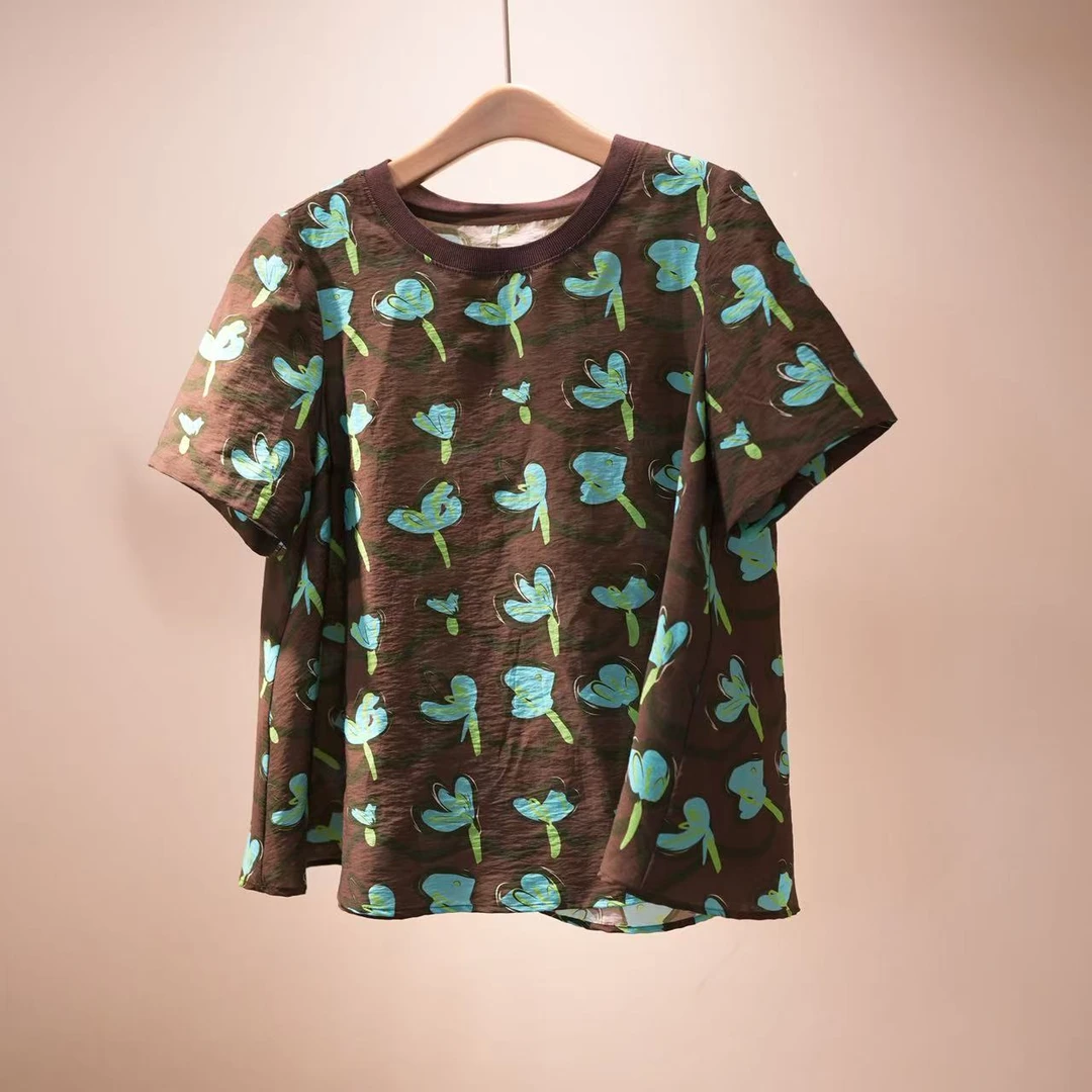 圆领植物花卉法式显瘦女T恤复古设计师绿色时尚夏季宽松短裤套装