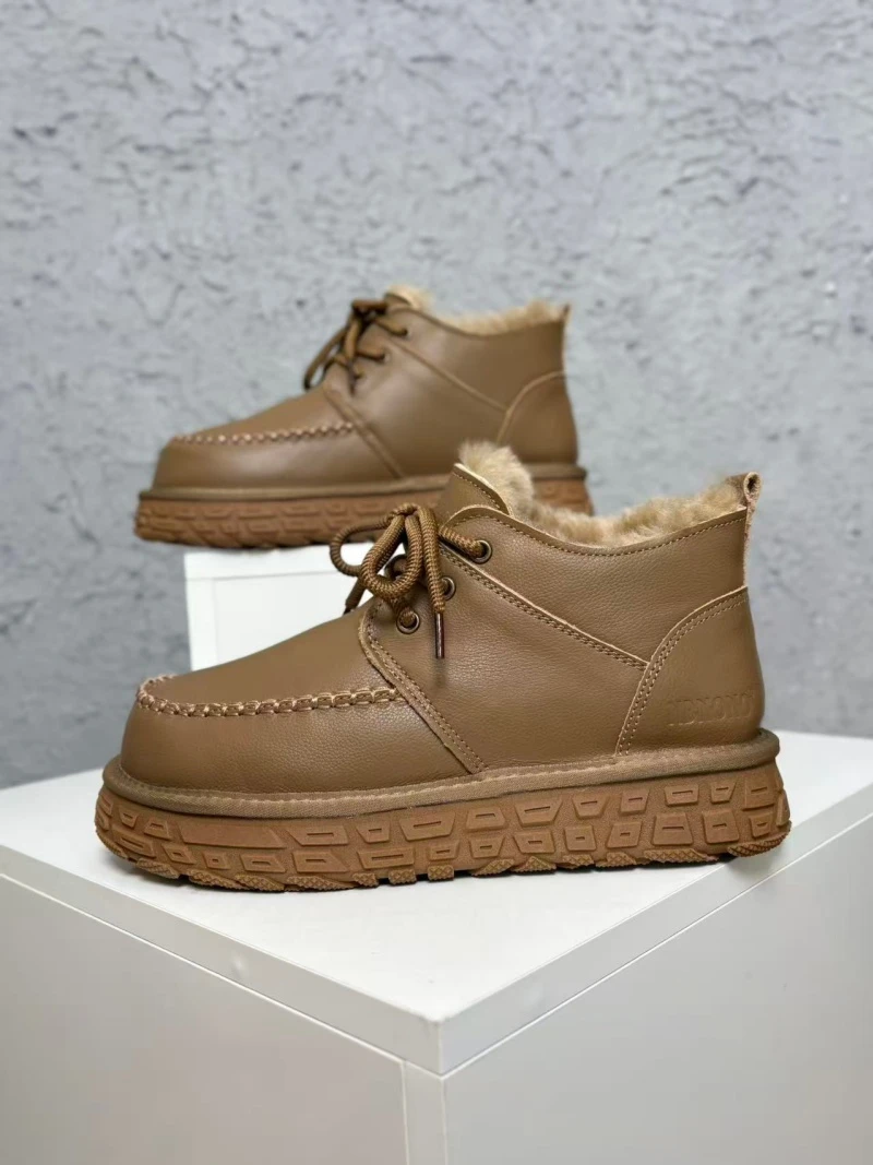 羊皮毛一体内里！头层牛皮面低帮系带男款雪地靴加厚东北大棉鞋子