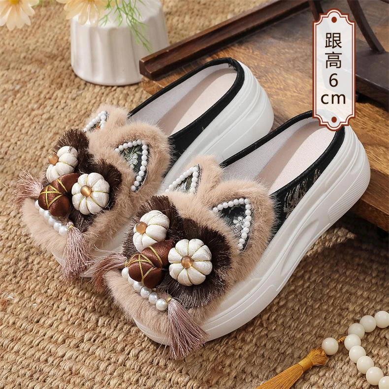 厚底增高包头半拖女夏手工古风虎头拖鞋民族风老北京绣花松糕布鞋