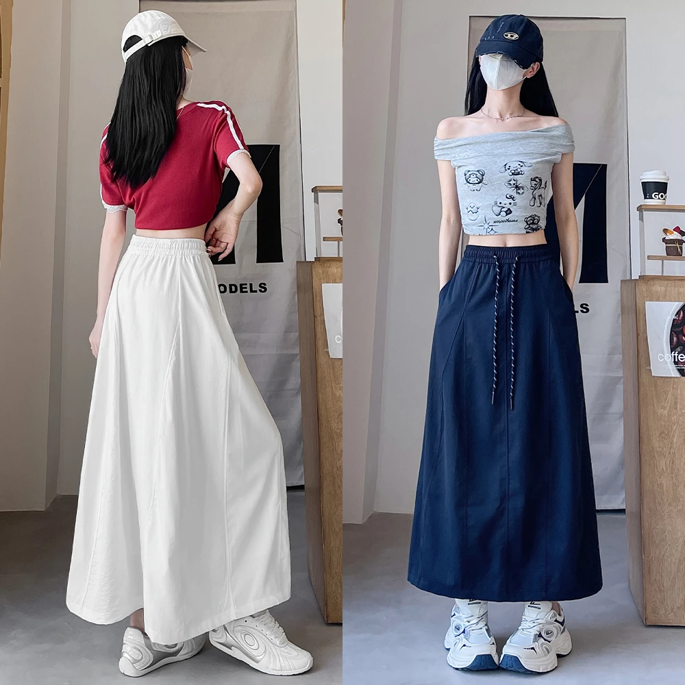 速干山系工装半身裙女夏季新款高腰抽绳a字显瘦中长裙蓬松南瓜裙