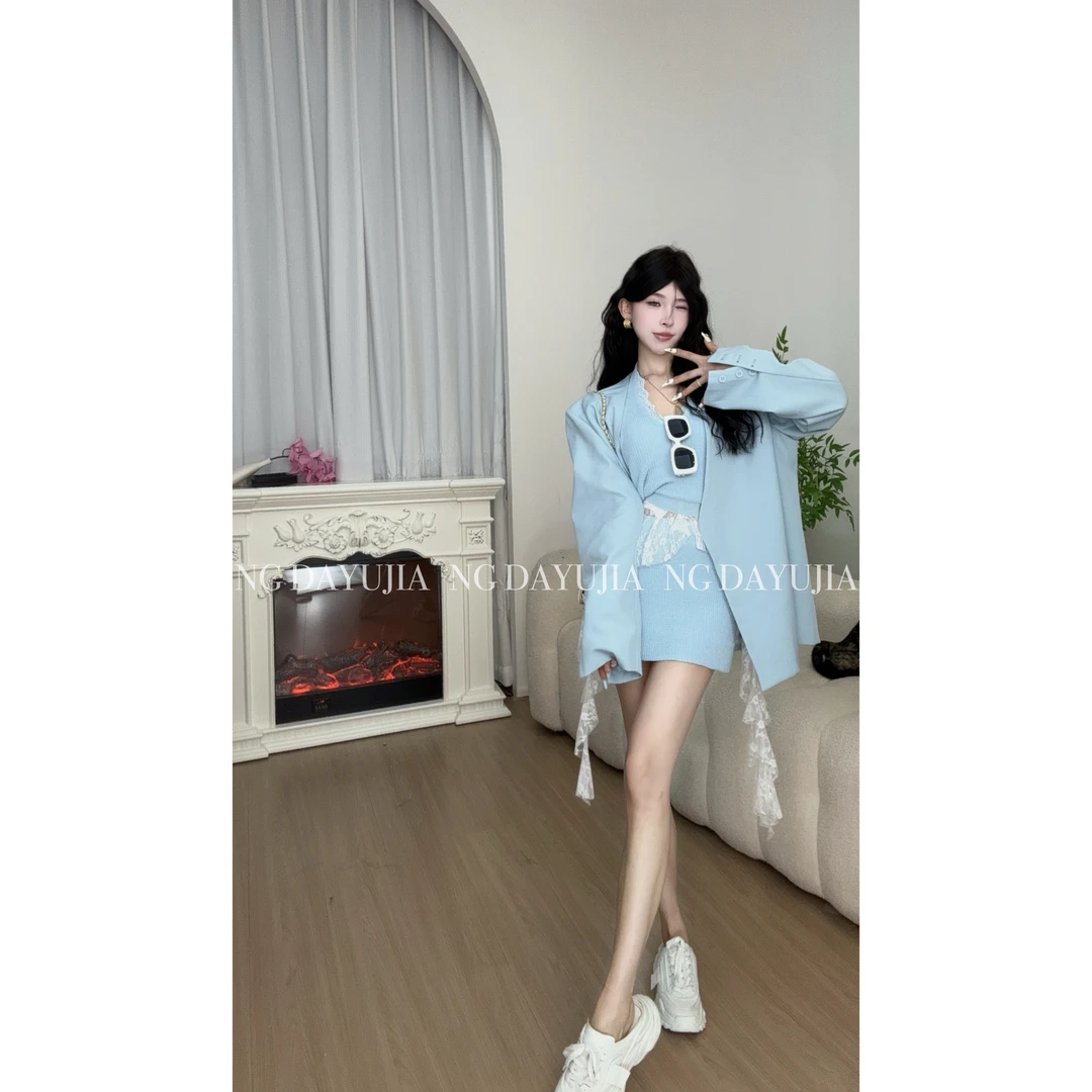 NG DAYU现货【济州岛夏日】自制挂脖针织蕾丝背心短裙/韩版西装外套