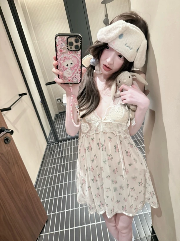 「田园清纯妹」夏季甜美带胸垫蕾丝吊带睡裙性感纯欲风家居服