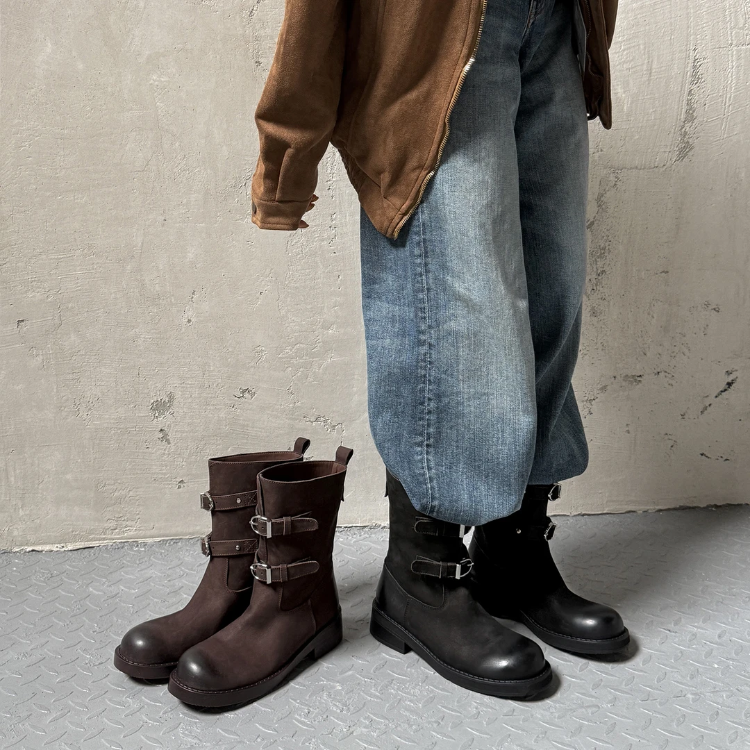2025秋冬新款真皮中筒靴子女粗跟复古百搭时尚中跟英伦风切尔西靴