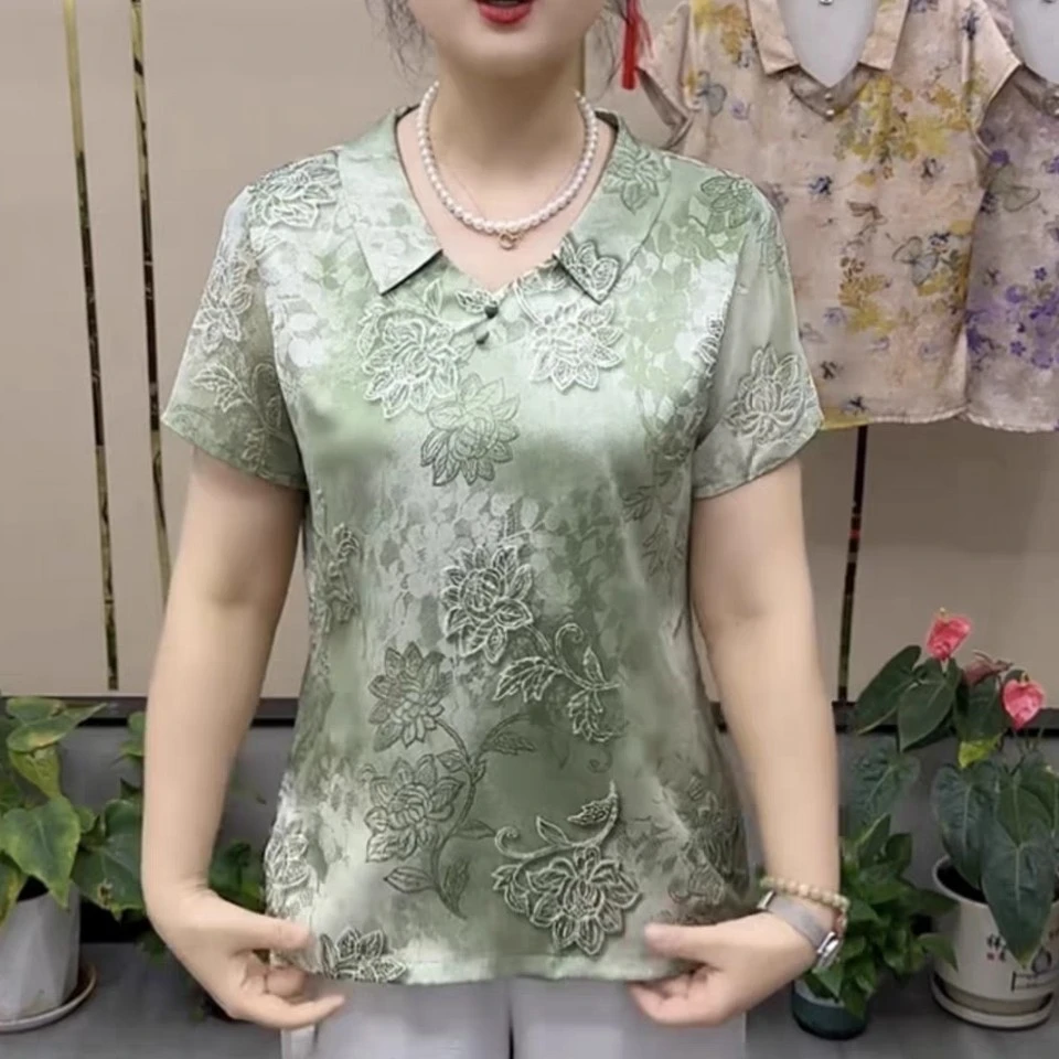 新款娃娃领碎花印花宽松雪纺衫中老年夏季洋气上衣