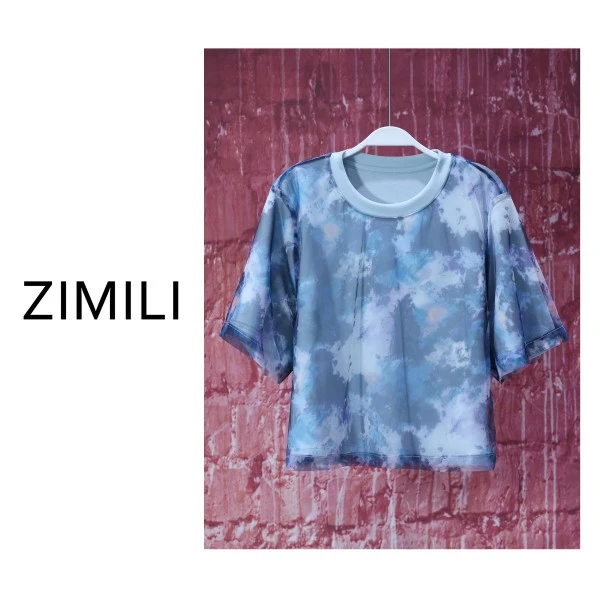 【亮哥女装】2025《缭绕》灰蓝混染网纱叠层时尚休闲短短袖7936