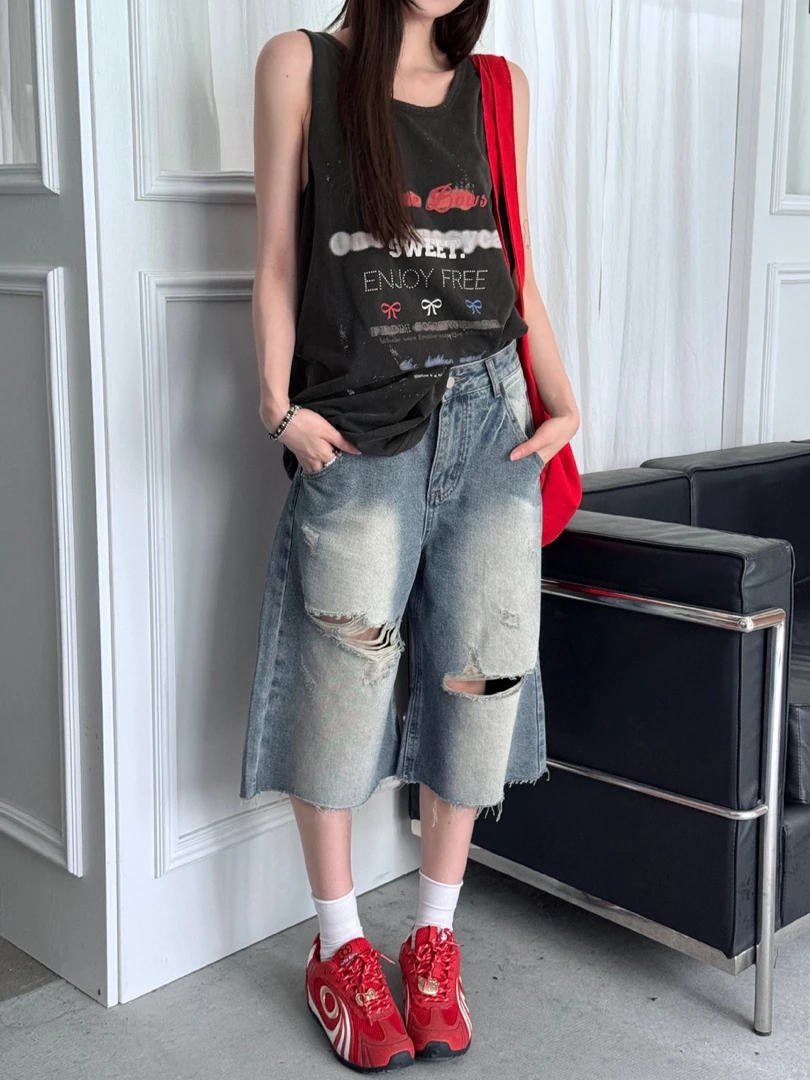 夏季个性水洗工艺休闲磨损破洞高腰七分牛仔裤宽松裤子阔腿薄款