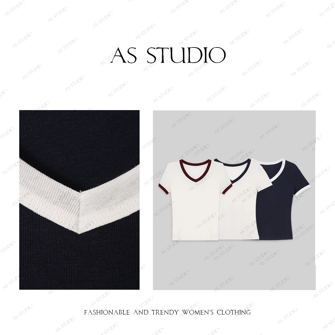 【AS天鹅颈】25新极简风复古撞色V领修身天丝羊毛T恤AS25CSY4144