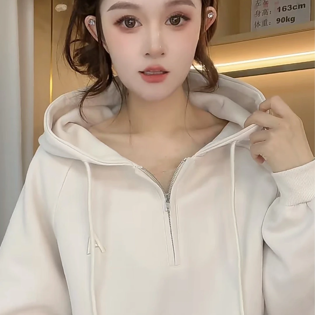 8833海藻2025年秋季新款韩版宽松百搭休闲半拉链连帽卫衣女NNS