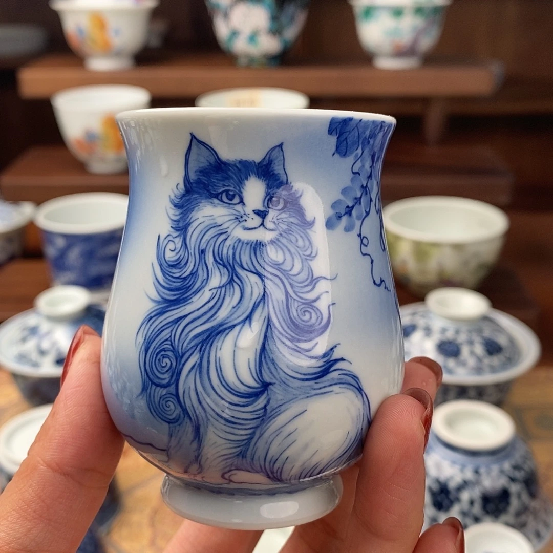 青花夜景波斯猫玉兰杯