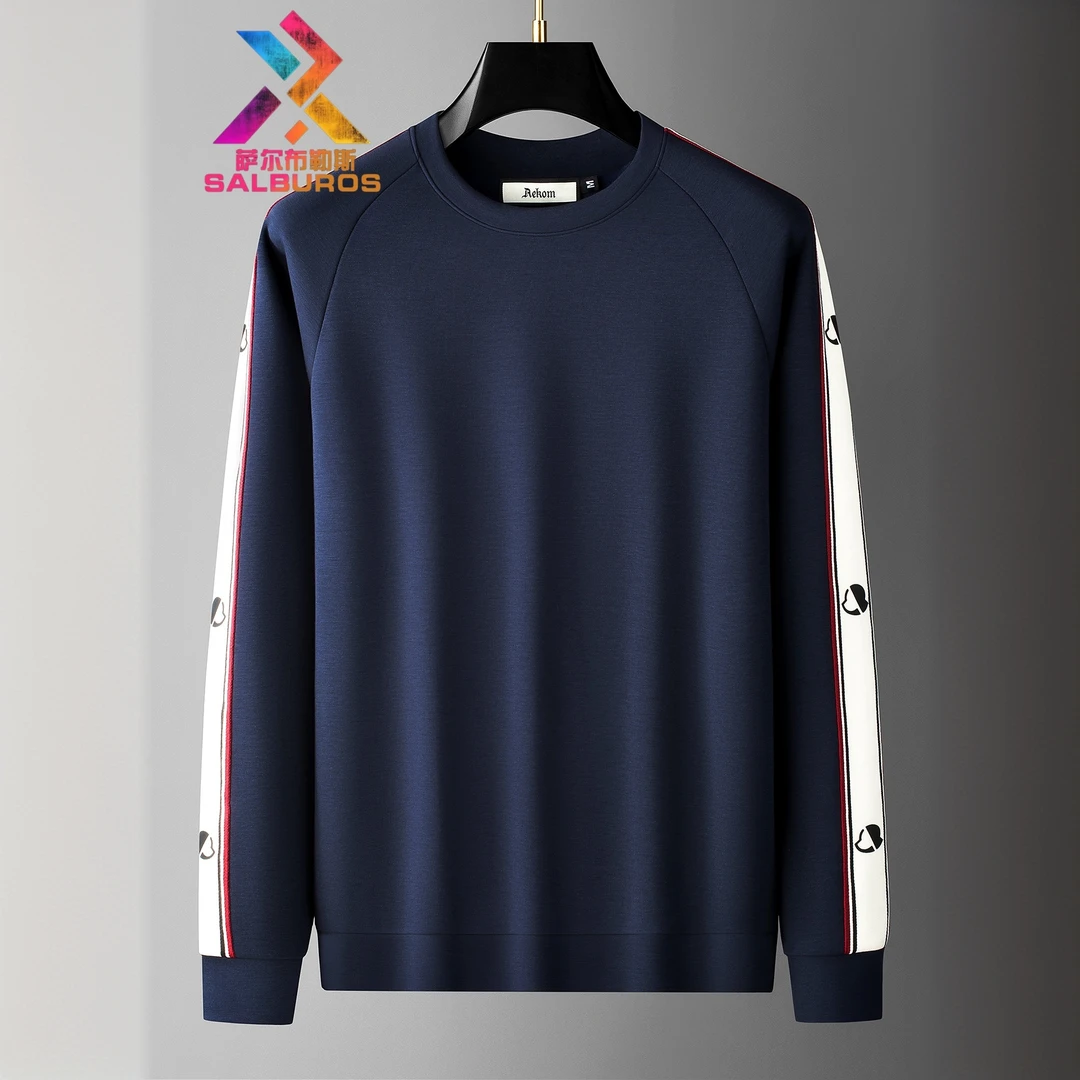萨尔布勒斯秋季时尚柔软撞色拼接织带上衣男士修身圆领长袖卫衣