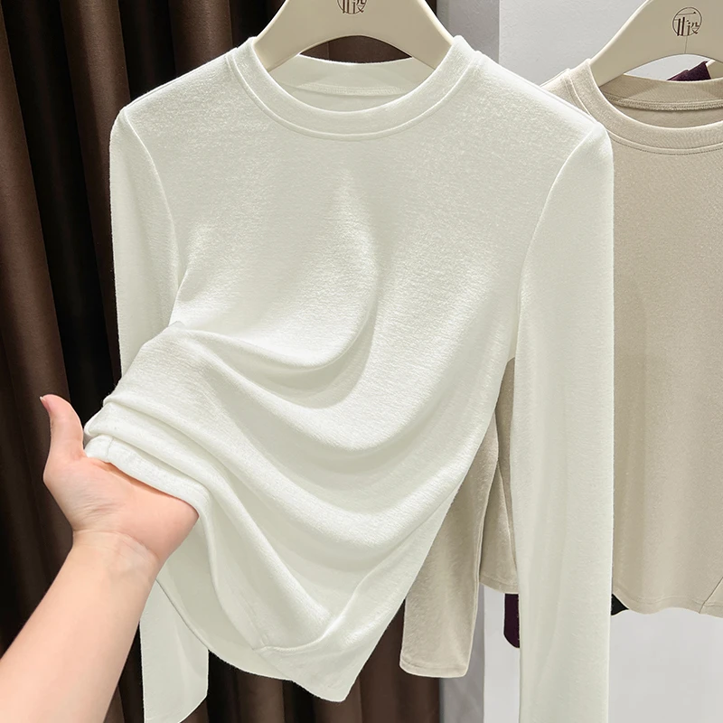 白色气质小圆领长袖修身上衣女软糯针织打底衫秋季新款设计感T恤