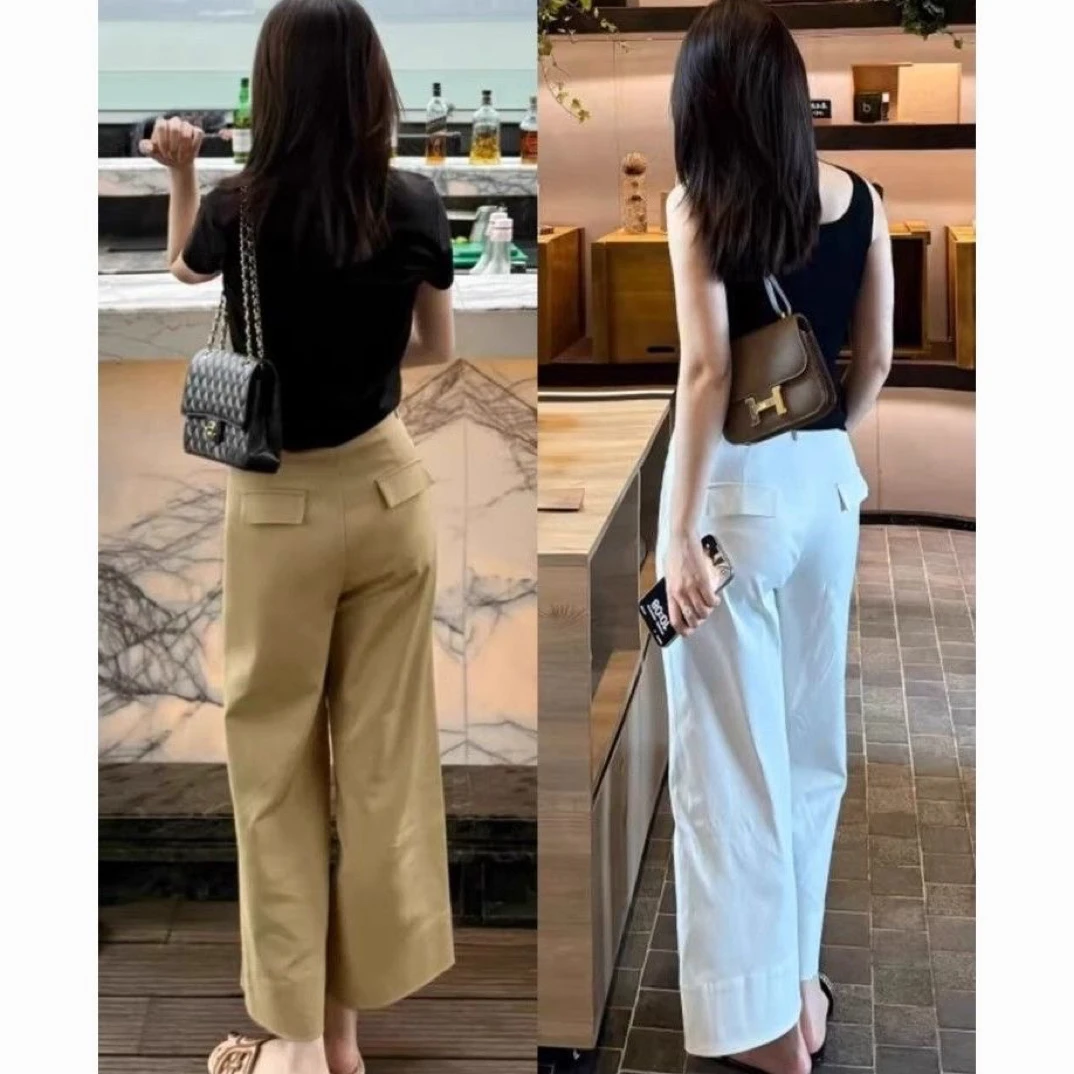 卡其色高腰直筒阔腿休闲女裤夏季新款显瘦九分裤