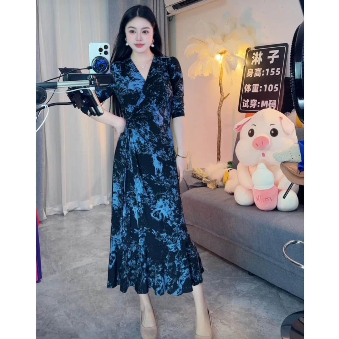 【高端定制】法式高贵轻奢优雅时尚连衣裙修身显瘦气质印花鱼尾裙