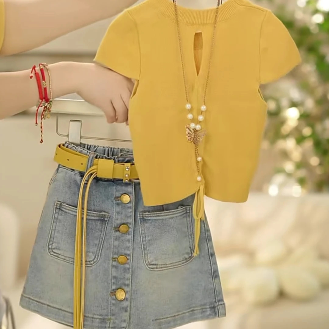 【正版高货】2025新款女童夏季洋气百搭冰丝凉感T恤牛仔裙裤套装