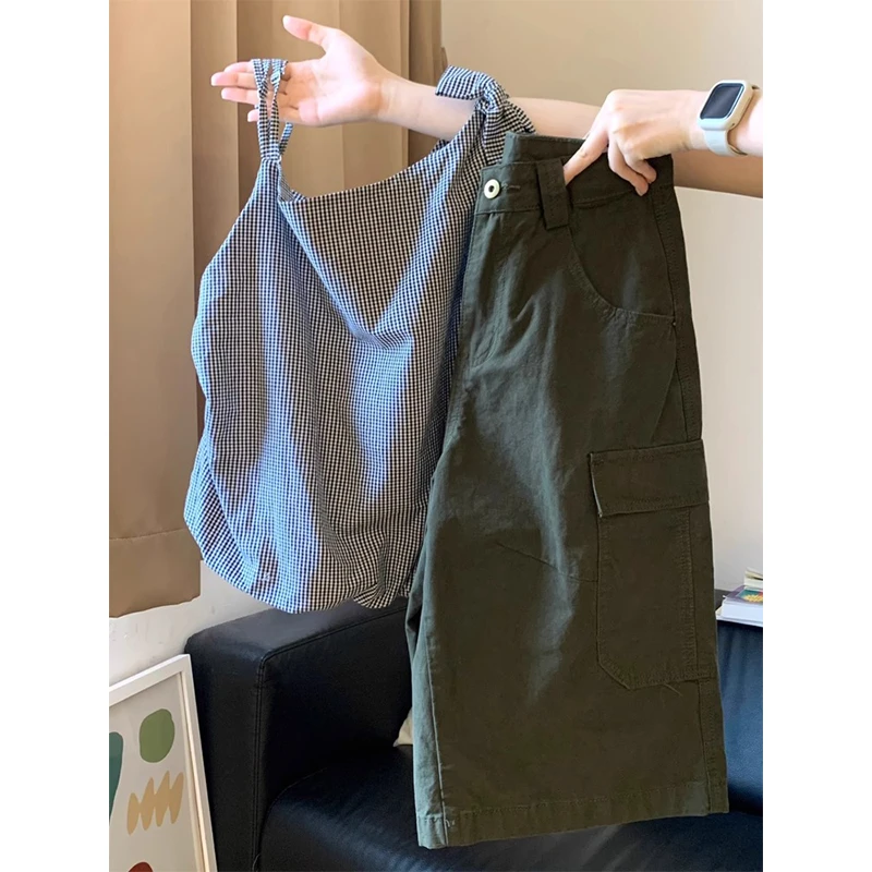 韩版复古格子吊带背心上衣工装短裤子夏季新款时尚百搭两件套装女