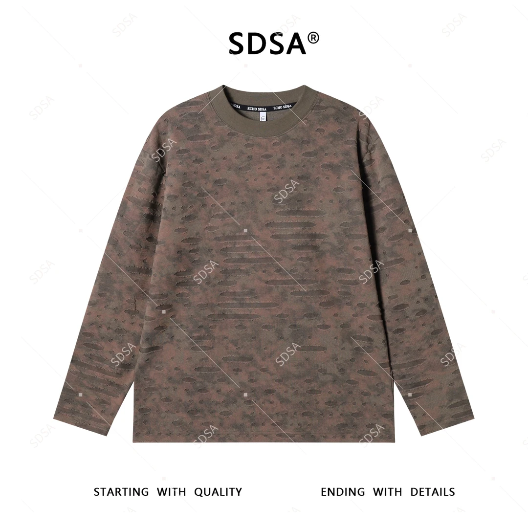 SDSA男士2025新款轻奢痞帅男装扎染撞色割破圆领长袖T恤宽松潮牌