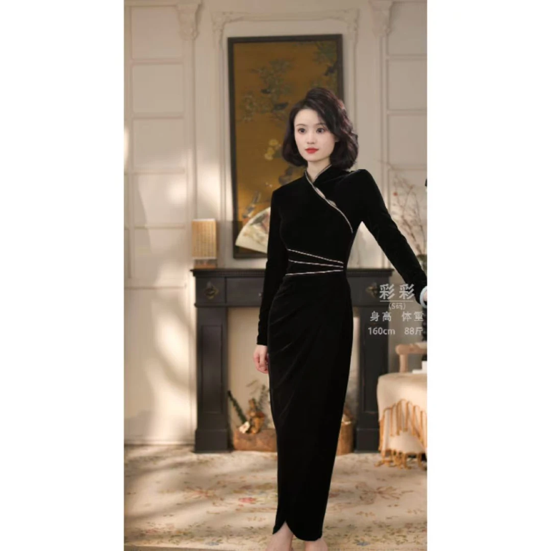 彩彩家【暗夜千金】秋冬季原创国风修身复古气质黑色日常改良款旗袍