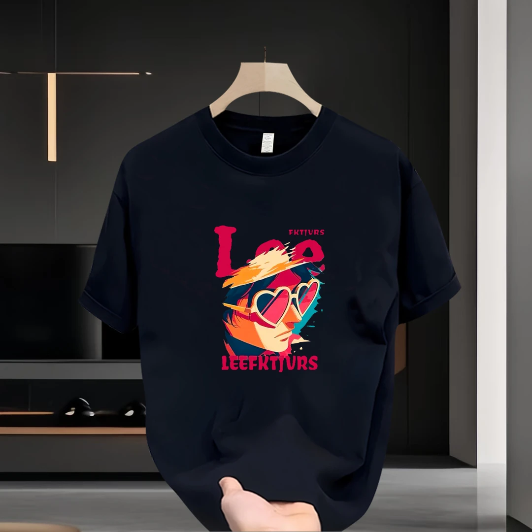 2025夏季男士新款休闲装100%纯棉短袖T恤宽松印花痞帅慵懒风男装