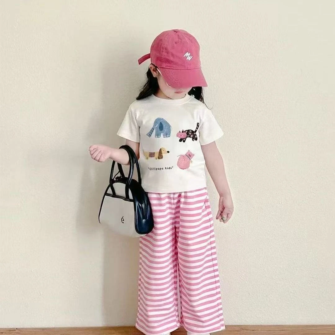 女童新款2025夏季女宝宝套装休闲印花阔腿裤短袖上衣套装