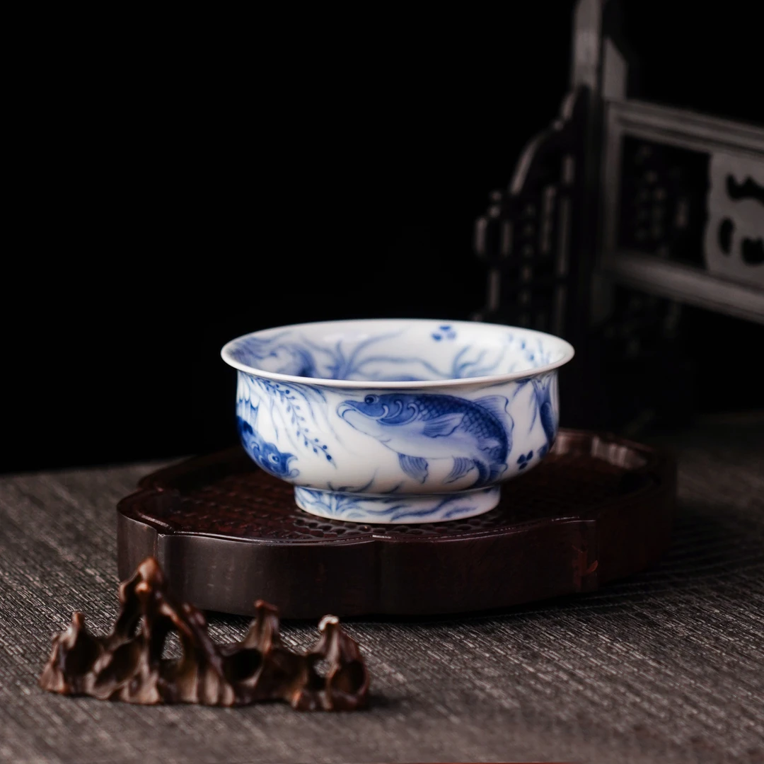 望月怀古  鱼多多炉式杯  陶瓷纯手工满绘鱼藻手绘全手工WYHG064