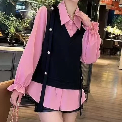 大码女装衬衫时尚休闲微胖宽松百搭显瘦假两件上衣3623