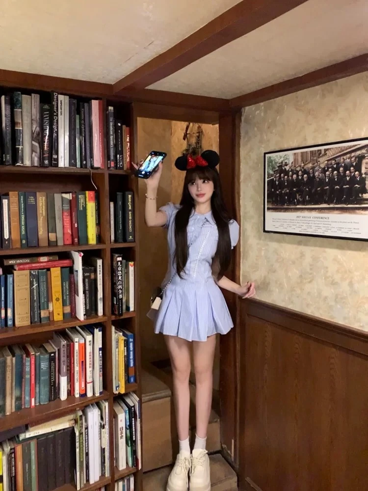 【白月光少女】学院风条纹短袖衬衫套装裙女夏季辣妹百褶a字连衣裙