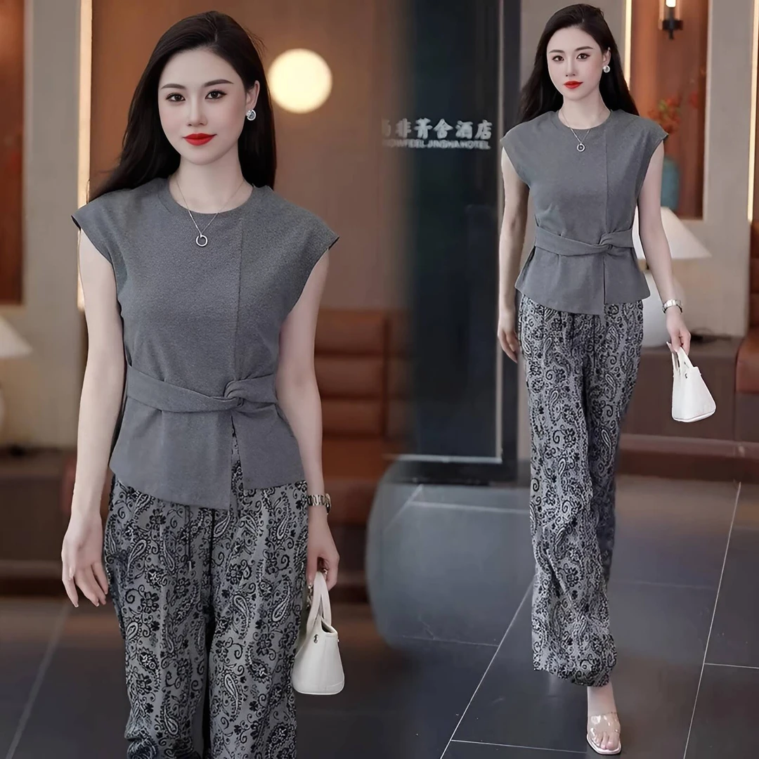 时尚套装女2025夏季新款洋气显瘦设计感短袖T恤阔腿裤两件套
