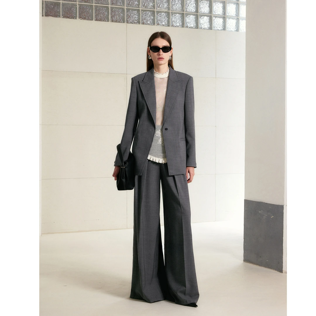 LYNEE【漫行】灰色戗驳领西装 鱼骨高腰阔腿裤 LGD2FAW066/AW049