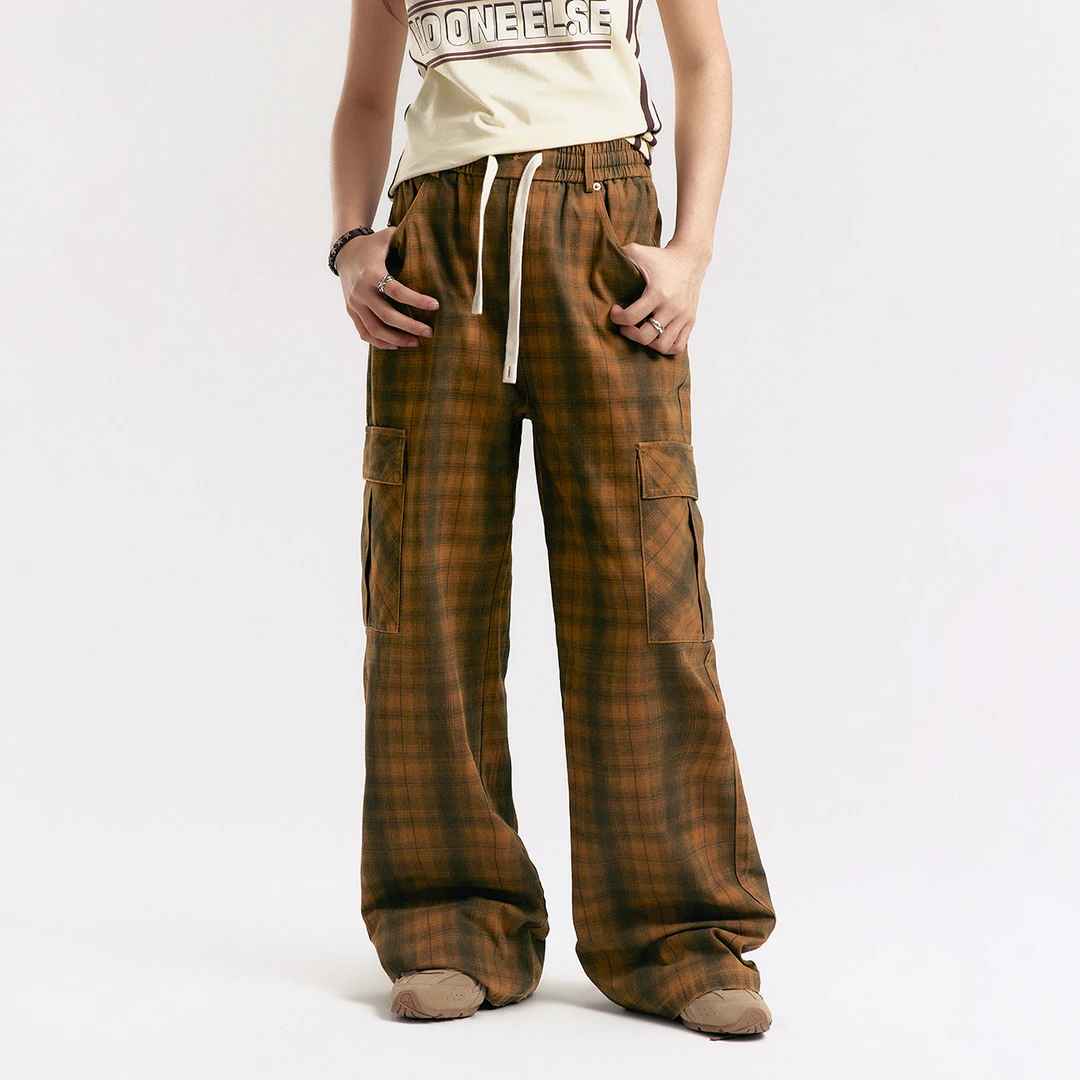 NO ONE ELSE美式复古女装琥珀流光秋季高腰口袋阔腿长格子抽绳裤