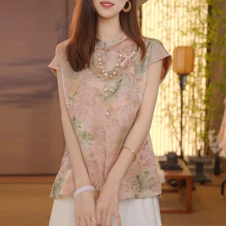 夏季新款短袖女装文艺范新中式国风印花时尚气质高端上衣