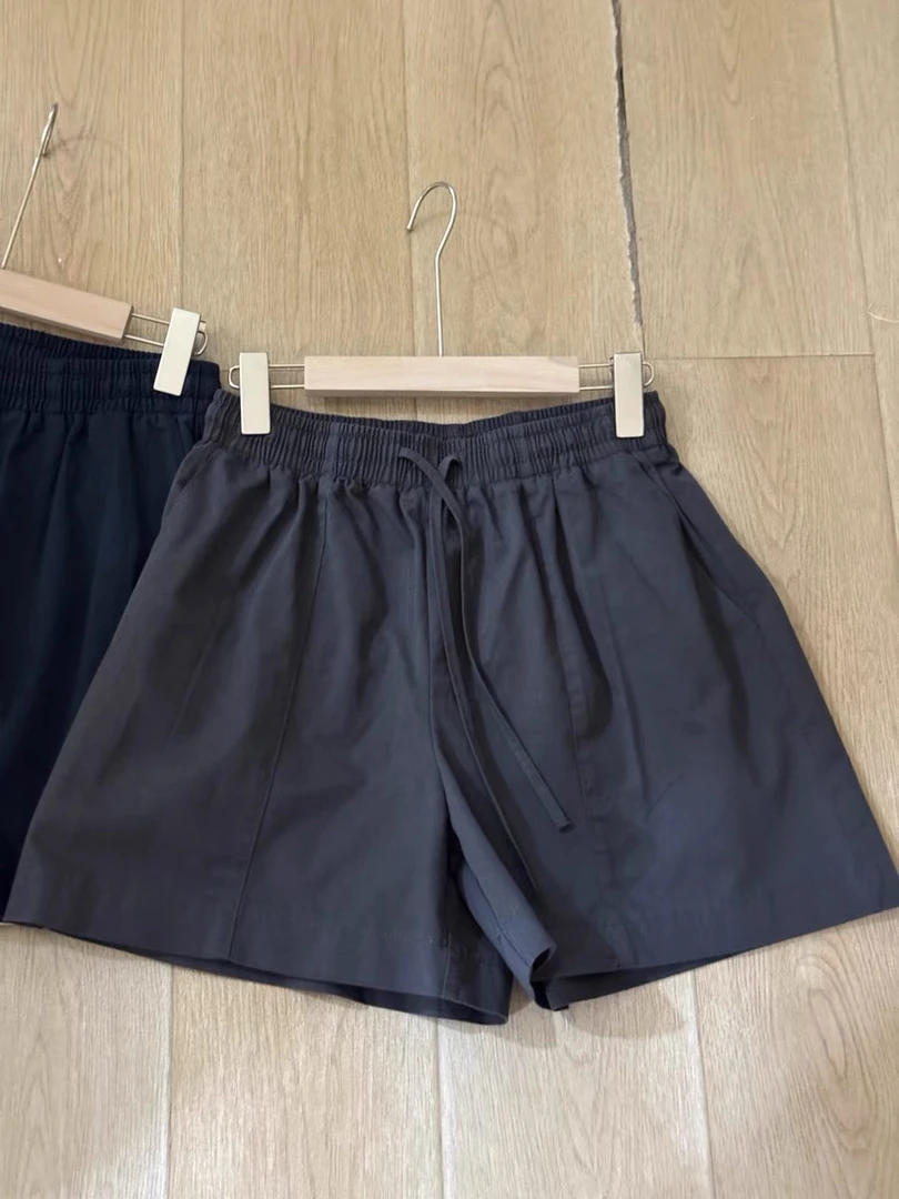 高腰宽松女款松紧腰女式藏青色高腰短裤短裤夏季薄款