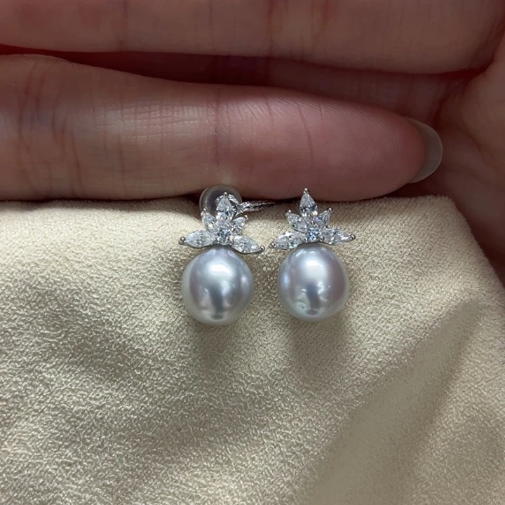 银S925镶嵌耳饰海水珍珠澳白8-9m 20号