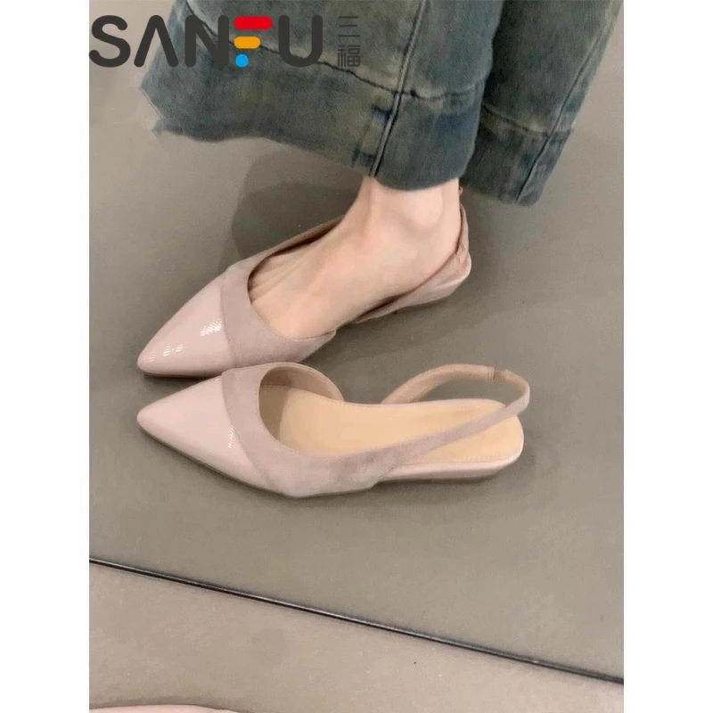 三福法式百搭包头拖鞋2025年夏季新款气质尖头凉鞋温柔风平底单鞋