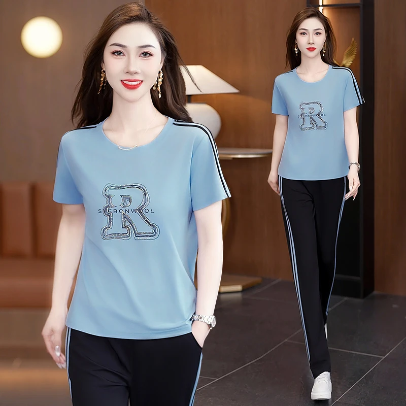 运动套装女夏季2025新款减龄时尚洋气妈妈圆领宽松短袖长裤休闲服