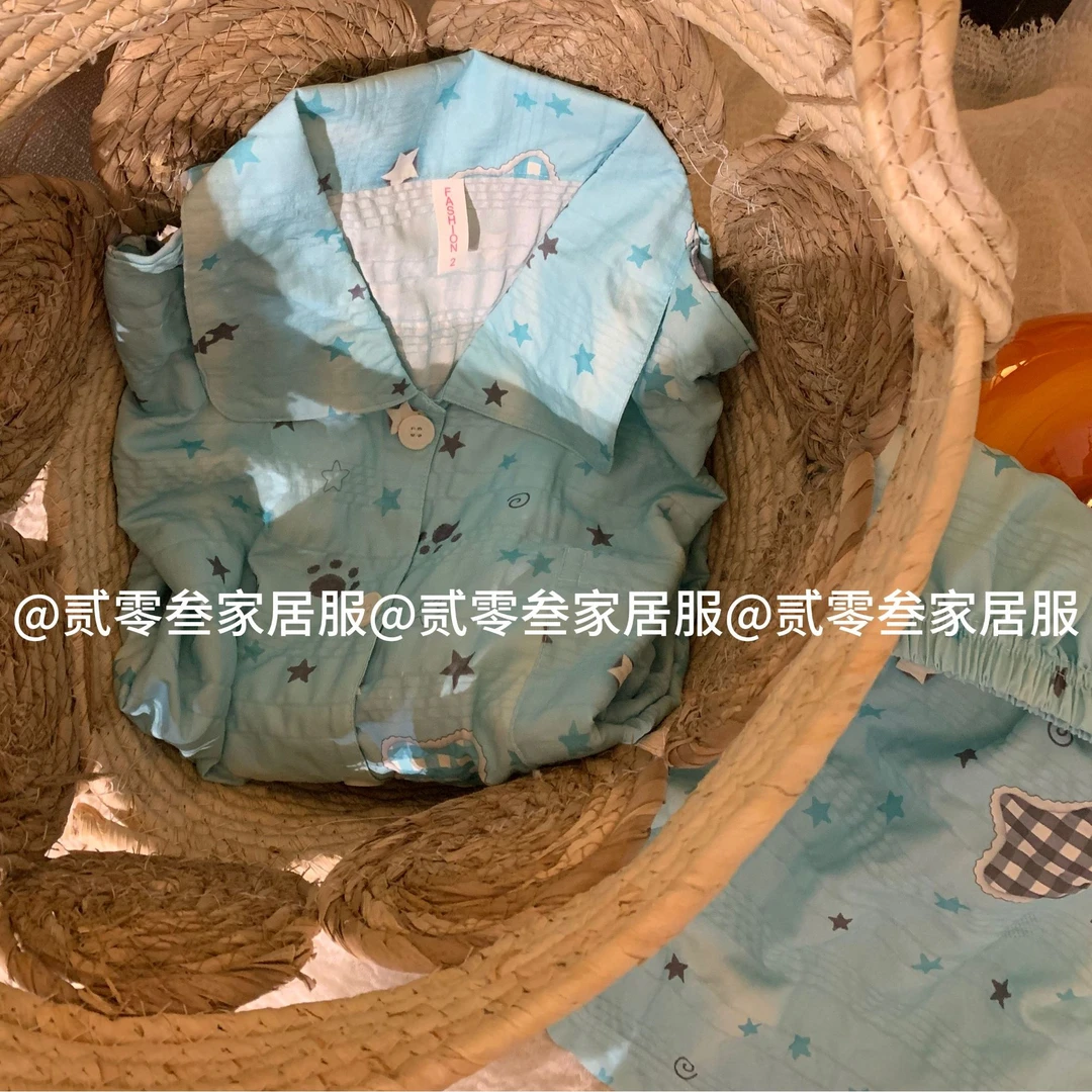 日系可爱星星人睡衣少女风夏季泡泡棉短袖短裤可外穿家居服套装