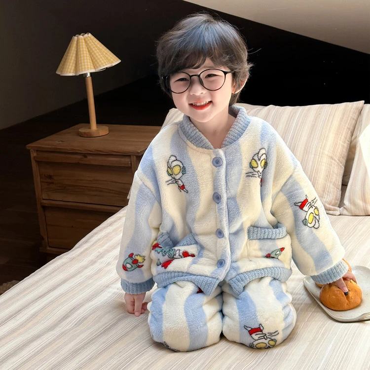 奥特曼男童珊瑚绒睡衣冬季儿童法兰绒加绒加厚男孩宝宝保暖家居服