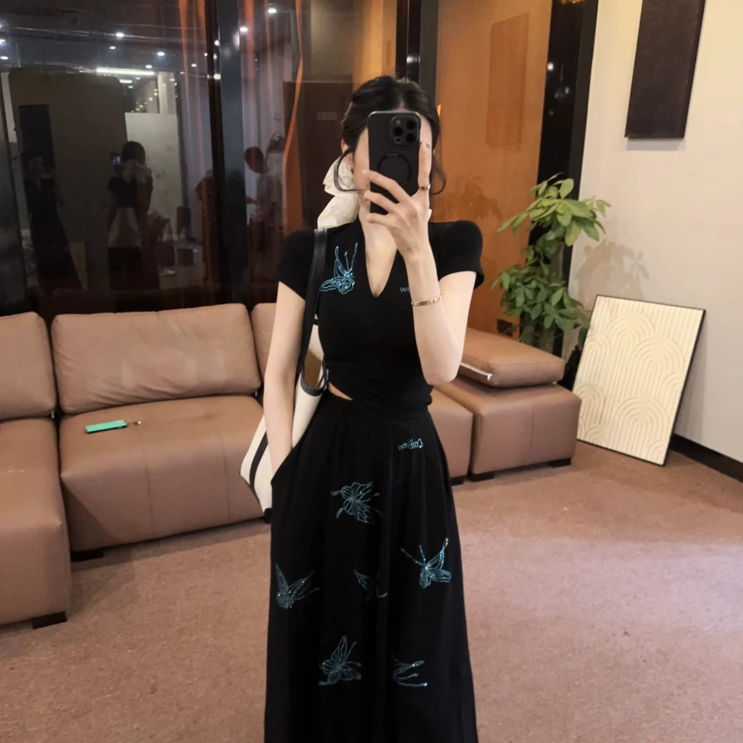 【OS&oneshow】法式富家千金名媛风蓝色蝴蝶V领套装春夏伞裙套装女