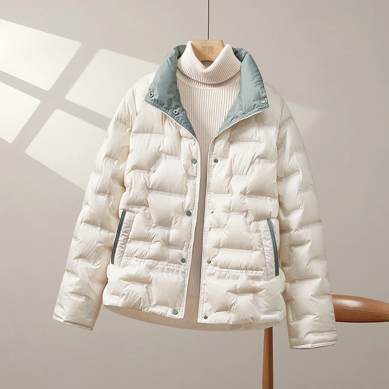 她池2025冬装新款女时尚撞色宽松外套中长款好羽绒服T43Q4056YA