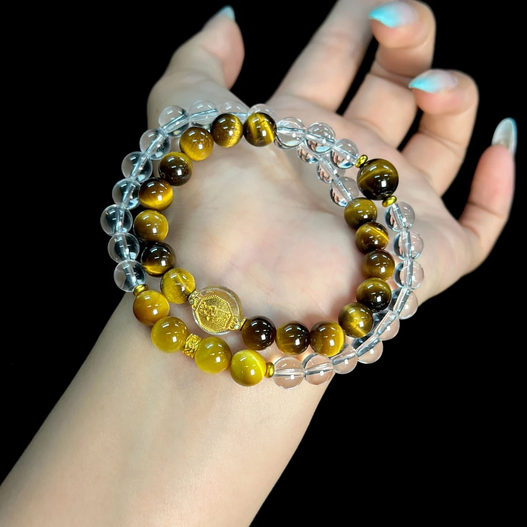 【潑天富贵】预售天然7mm黄虎眼白水晶双圈手串