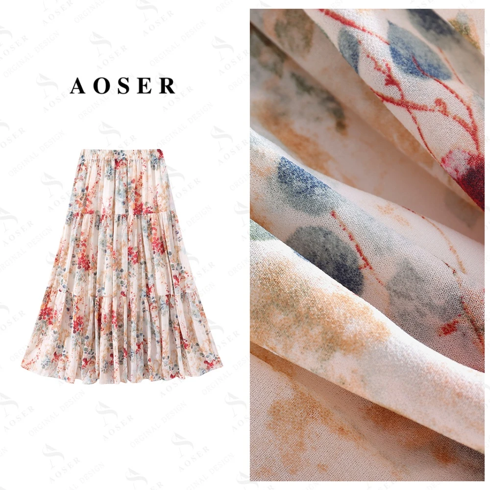 AOSER杏色印花显瘦时尚百搭大摆半身碎花裙2740
